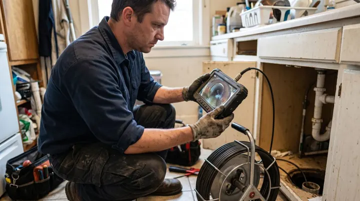 Plumber running a drain camera inspection with a monitor