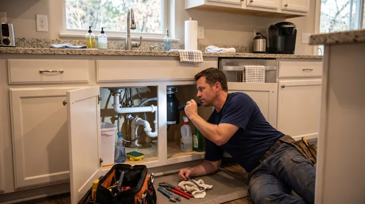 Plumber inspecting pipes under a sink with a flashlight