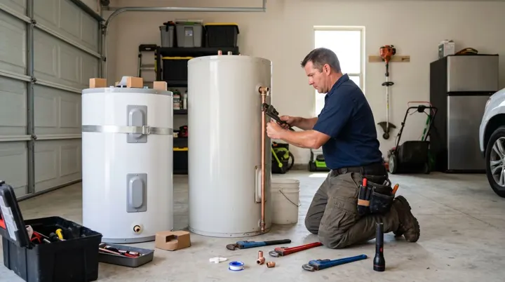 Plumber replacing a tank water heater in a home garage